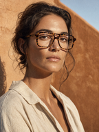 Model wearing ATLAS tortoise optical frame
